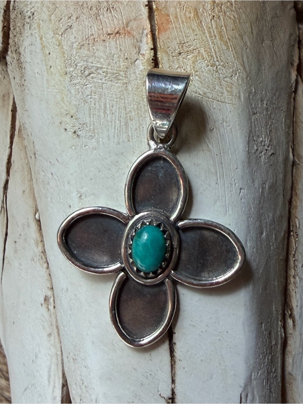 Sterling Silver Flower Pendant with Turquoise Center - Women Jewelry